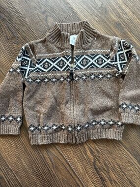 Carter's Brown Fair Isle Zip Sweater with Cream & Black Pattern